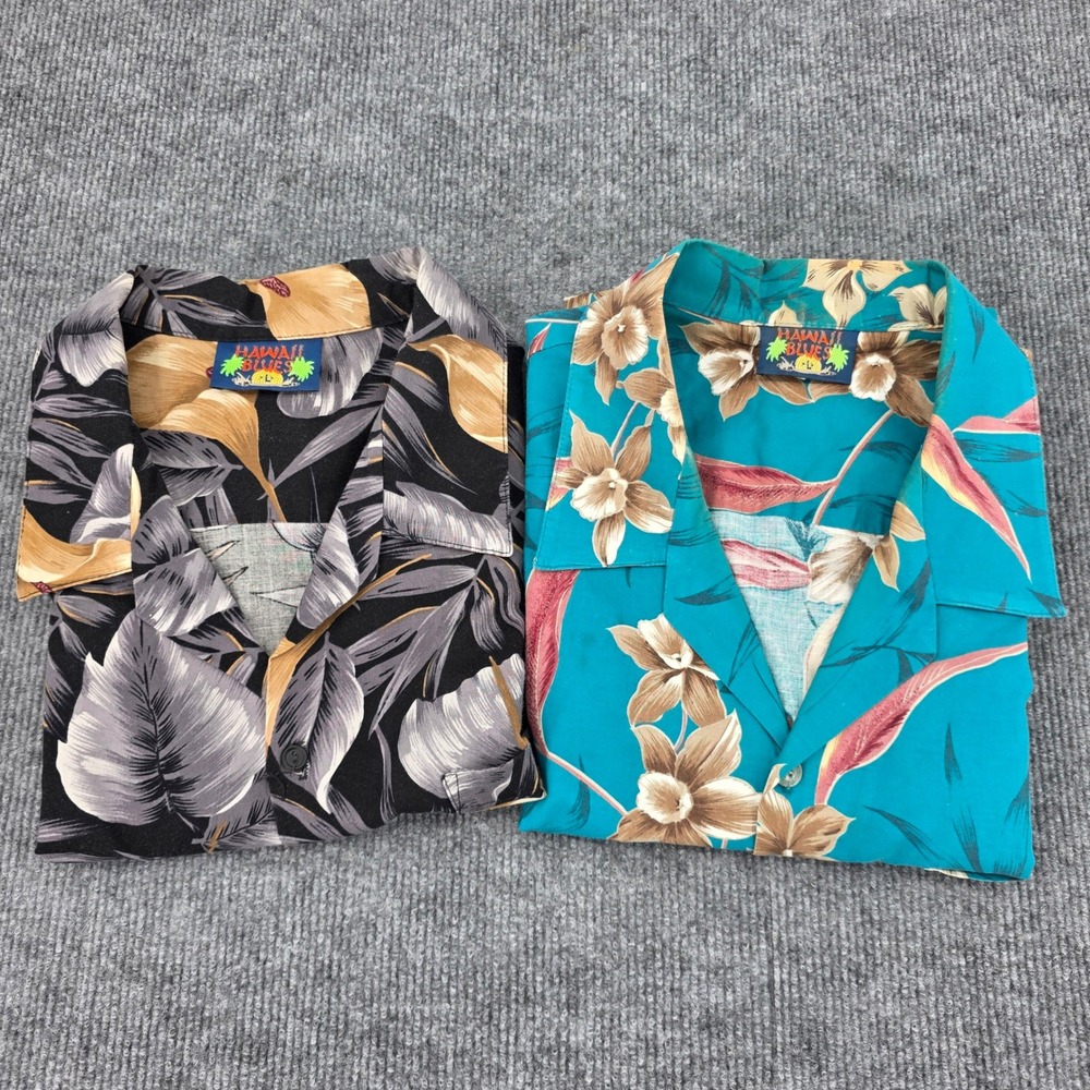 Hawaii Blues Mens Floral Hawaiian Shirt Bundle 2PK Black Teal Cotton USA Large